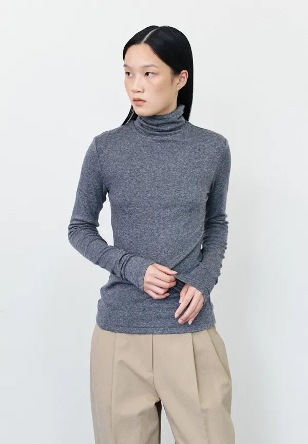 WOOL TENCEL TURTLE NECK T-SHIRTS - CHARCOAL