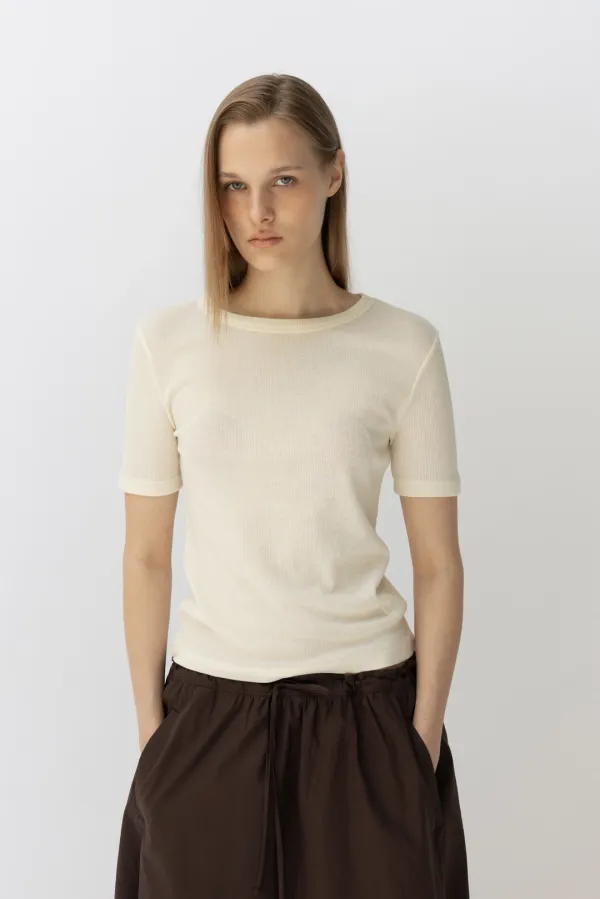 Ribbed Slim T-Shirt_Cream