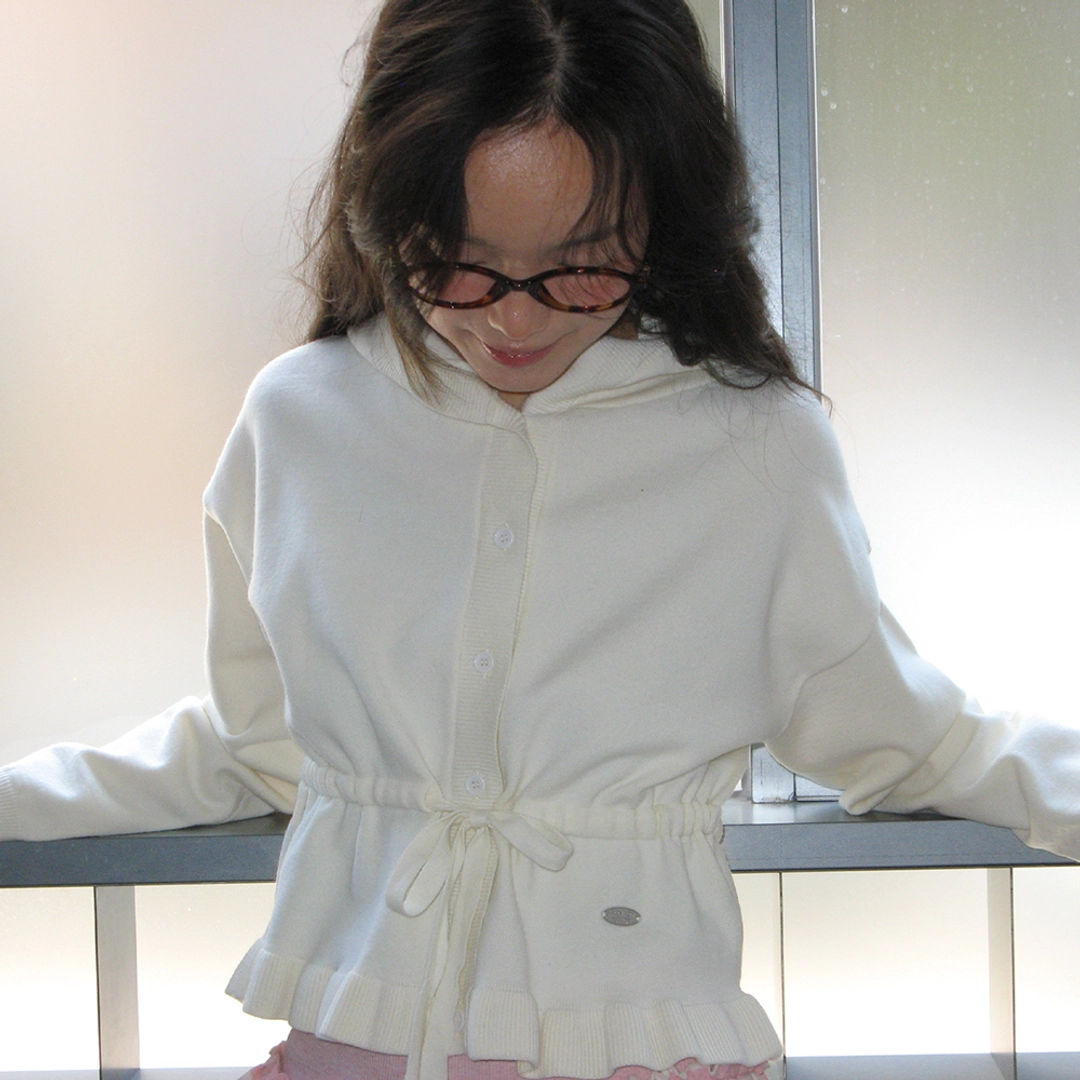 론론 HOODED SHIRRING STRING KNIT CARDIGAN IVORY 상품 이미지 2