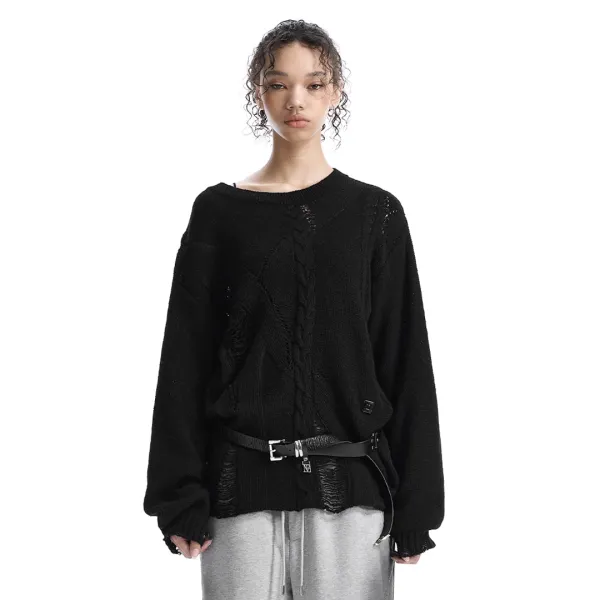 Distressed Cable-Knit Top [ Black ]