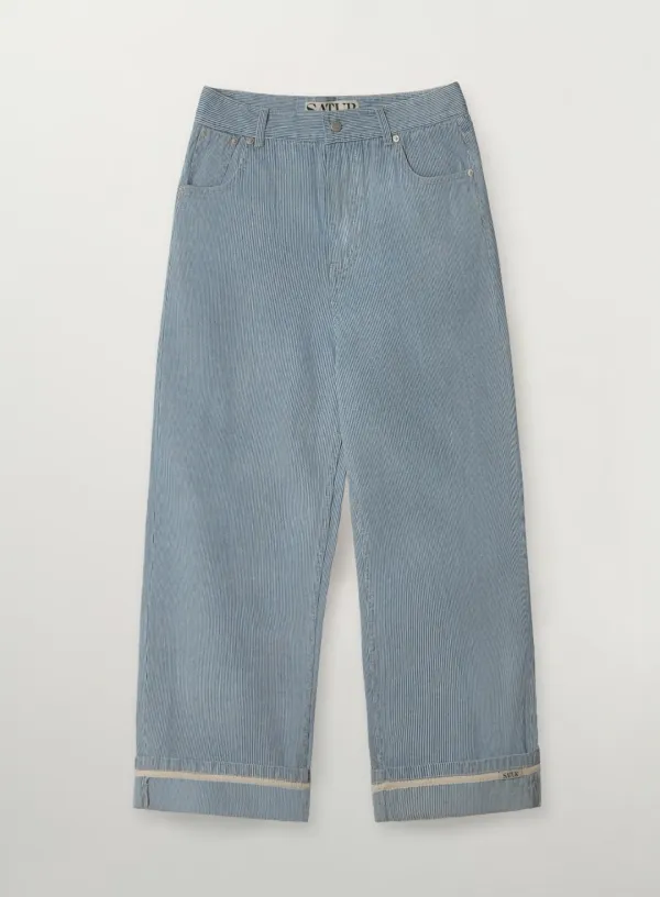 [신예은 Pick] Stripe Denim Roll Up Pants - Light Blue