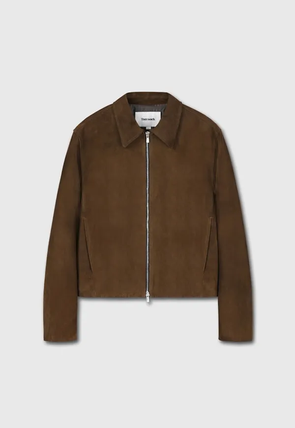 Suede Zippered Blouson Jacket_ Olive Brown