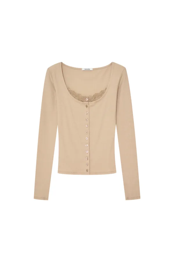 SCOOP NECK LACE TRIMMING CARDIGAN (BEIGE)