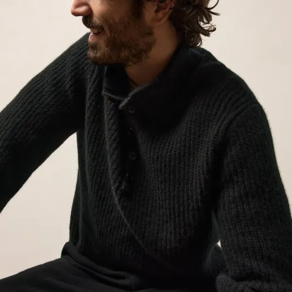 Lightweight Cashmere 1/4 Button Sweater - Black