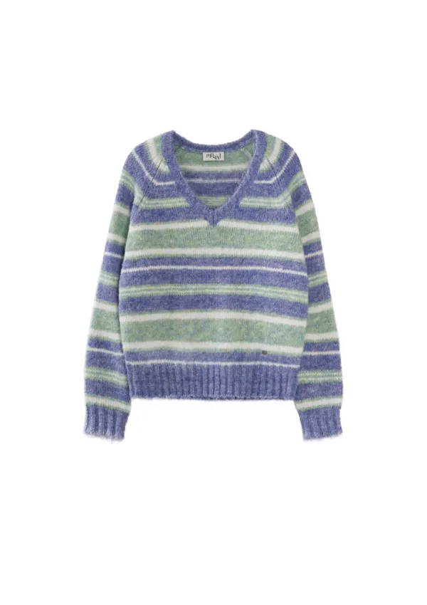 Mused Fluffy V-neck Pullover - Mint Stripe