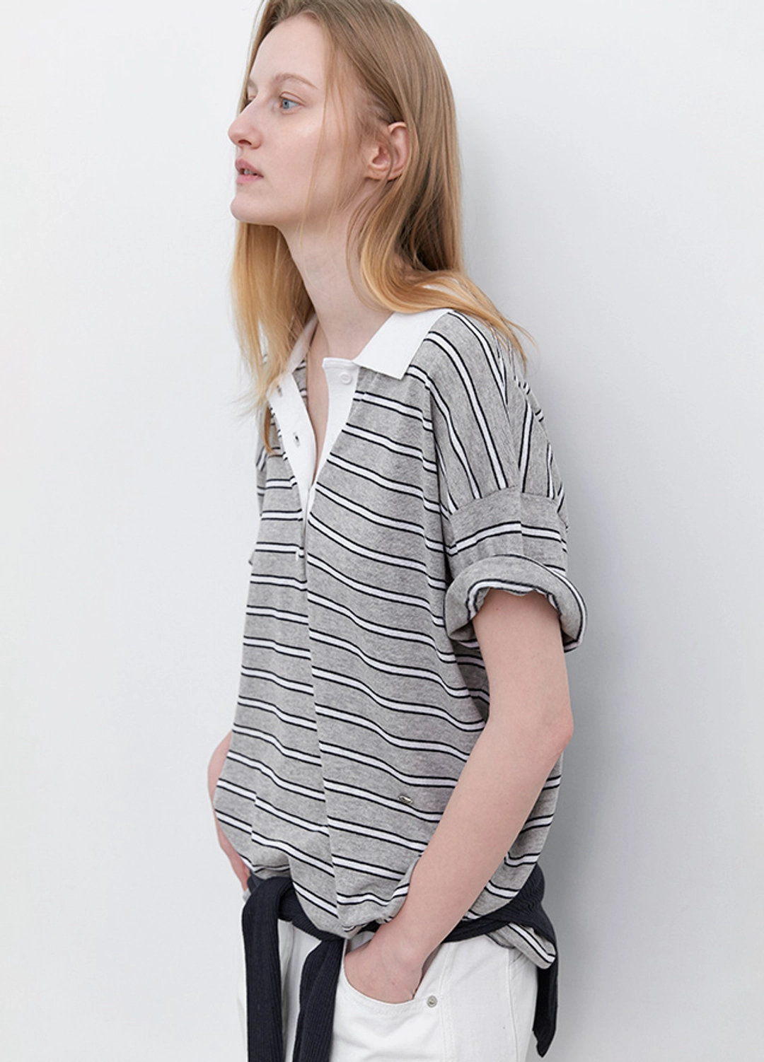 아뜰리에 나인 (T-7242)LOOSE FIT HALF SLEEVE STRIPED POLO KNIT 상품 이미지 1