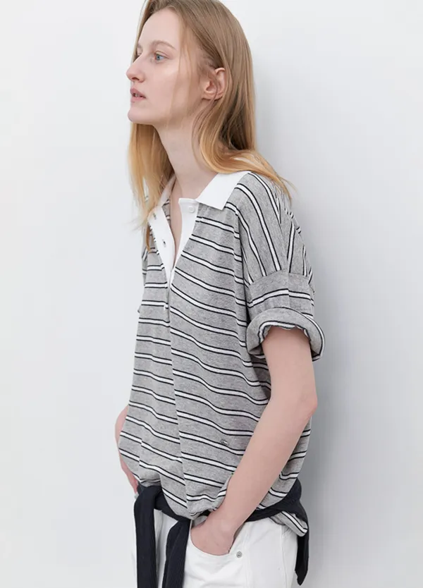 (T-7242)LOOSE FIT HALF SLEEVE STRIPED POLO KNIT