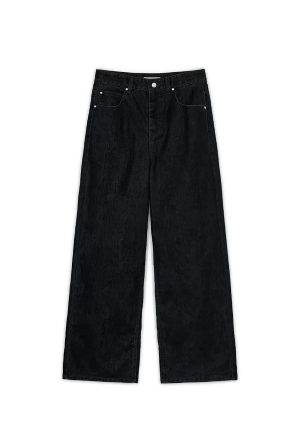 VELVET TAPERED DENIM PANTS, BLACK