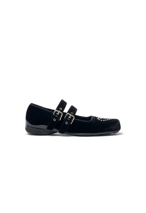 VELVET HEART STUD BALLET FLATS, BLACK