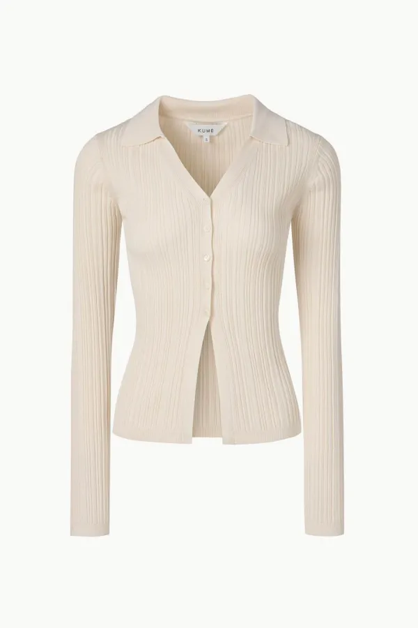 Ribbed Pleated Collared Cardigan, Ivory