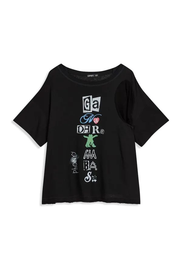 SCOOP NECK PHONETIC TEE, BLACK