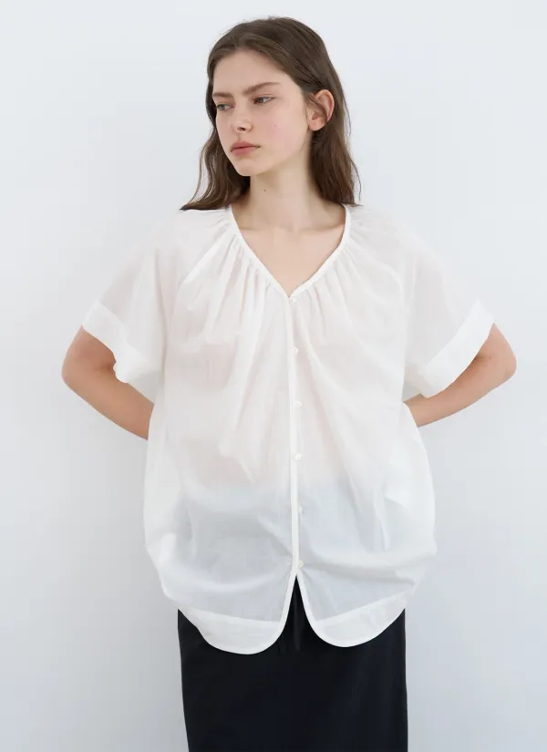 Thea V-neck Shirring Blouse (Ivory)