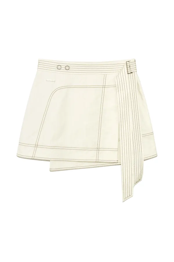STITCH POINT BELTED WRAP SKIRT IN LIGHT BEIGE