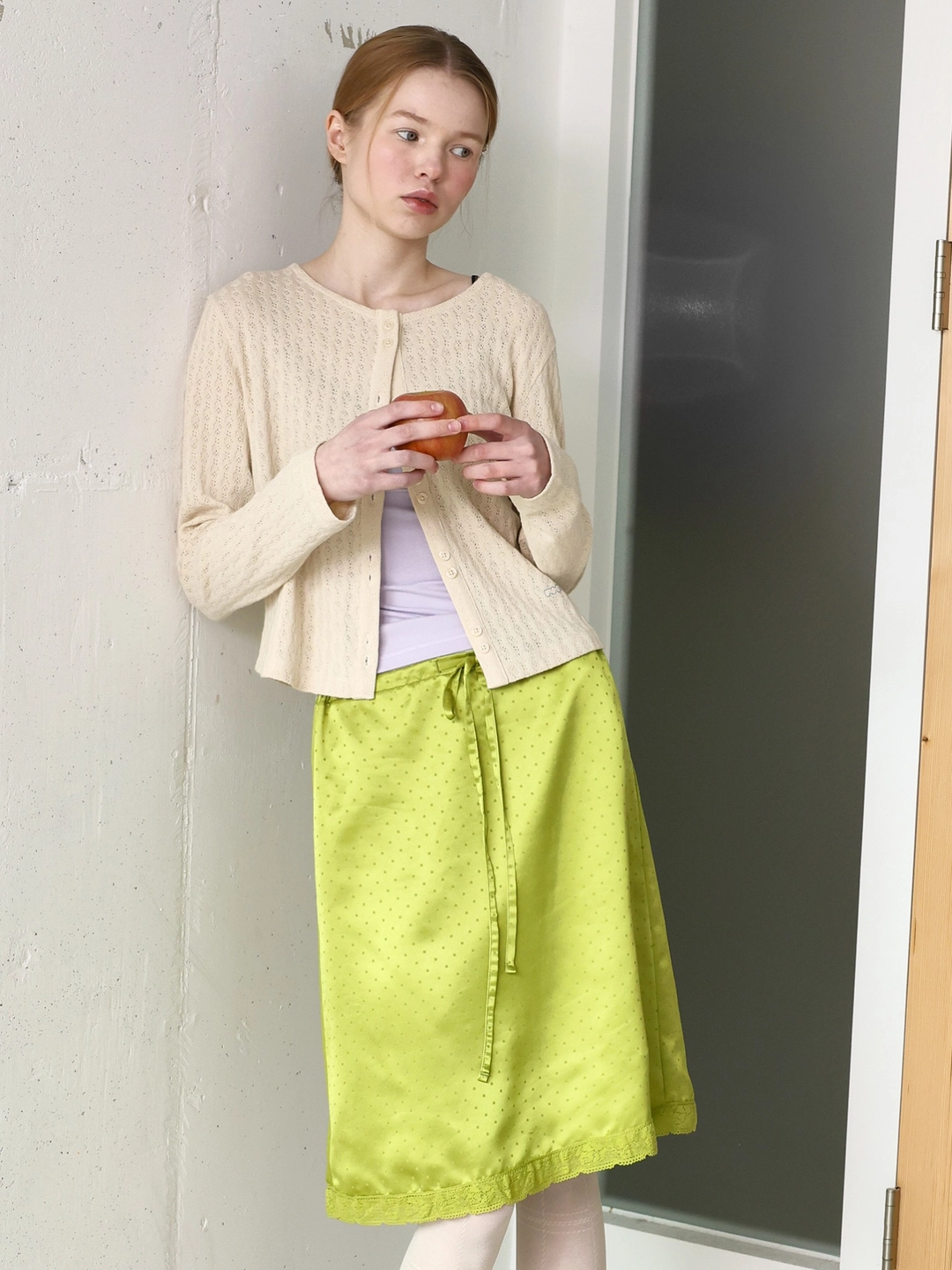포에브 Dotted Drawstring Skirt - Green 상품 이미지 2