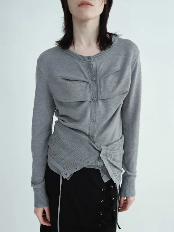 Tuck Button Knit Cardigan [Melange Gray]