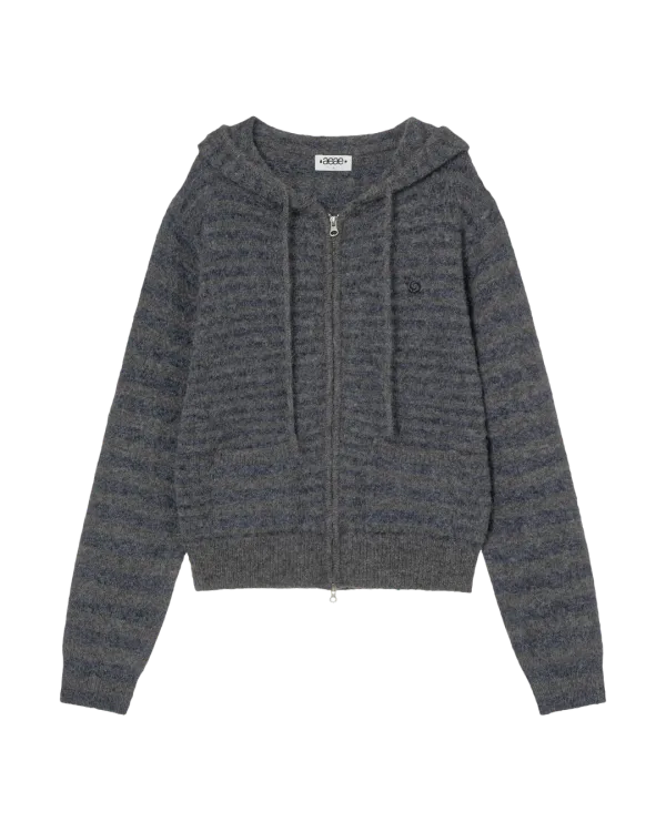 STRIPE HOOD KNIT ZIP UP [NAVY]