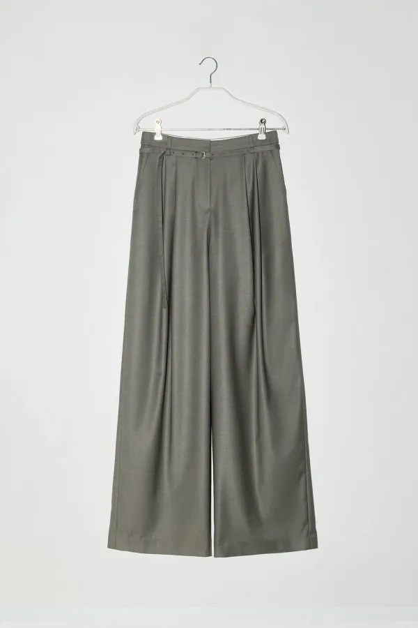 BELTED PINTUCK WIDE SLACKS - GREY