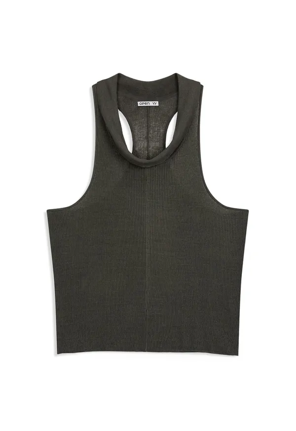 COWL RIBBED DRESS, DARK OLIVE
