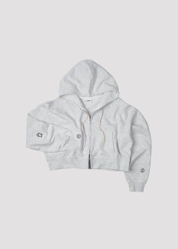 CROP 2WAY HOOD ZIP UP LOVE WHITE MELANGE