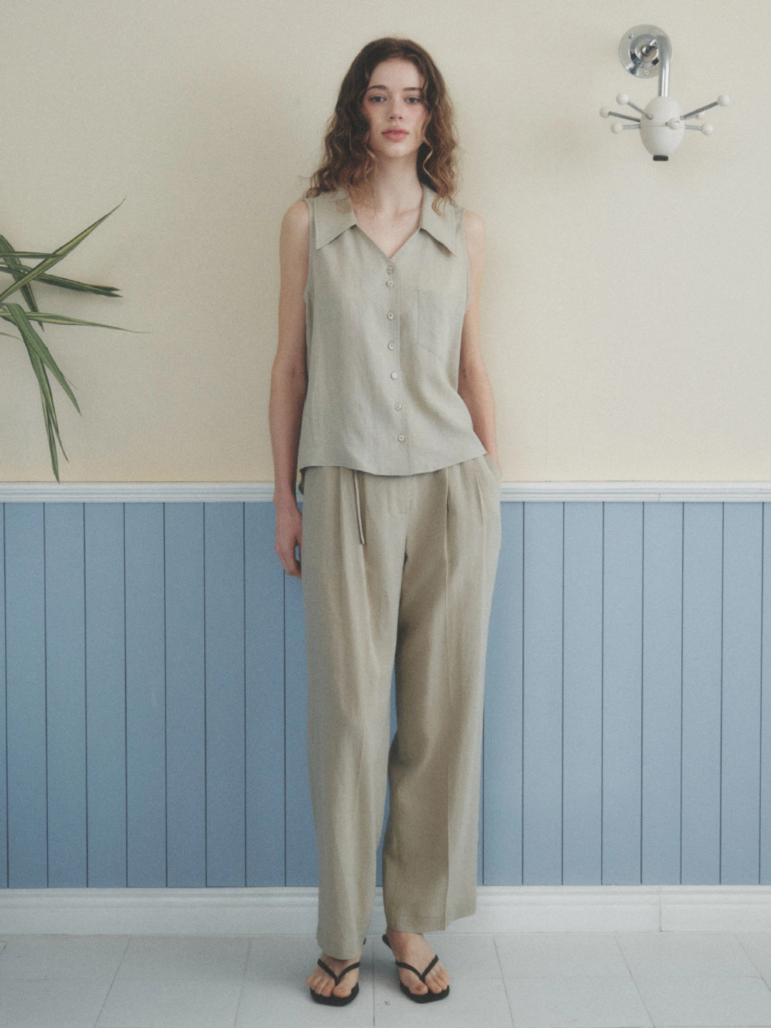르니나 ROMAN linen two-tuck wide pants_khaki 상품 이미지 1