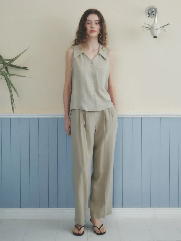 ROMAN linen two-tuck wide pants_khaki