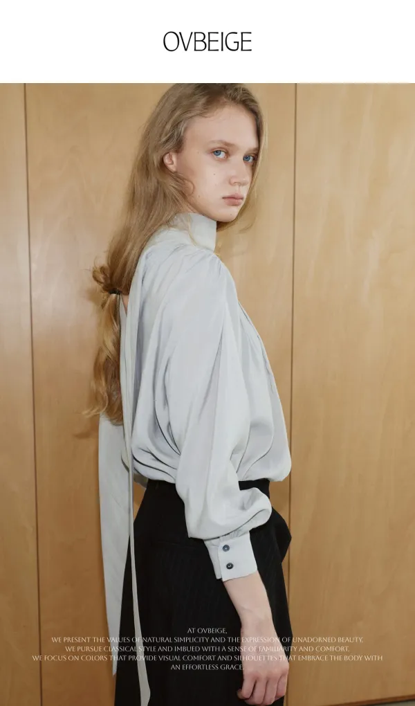 TIE NECK SHIRRING BLOUSE_PALE GREY