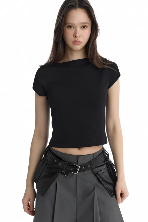 Boat Neck Slim Baby T-Shirt [ Black ]
