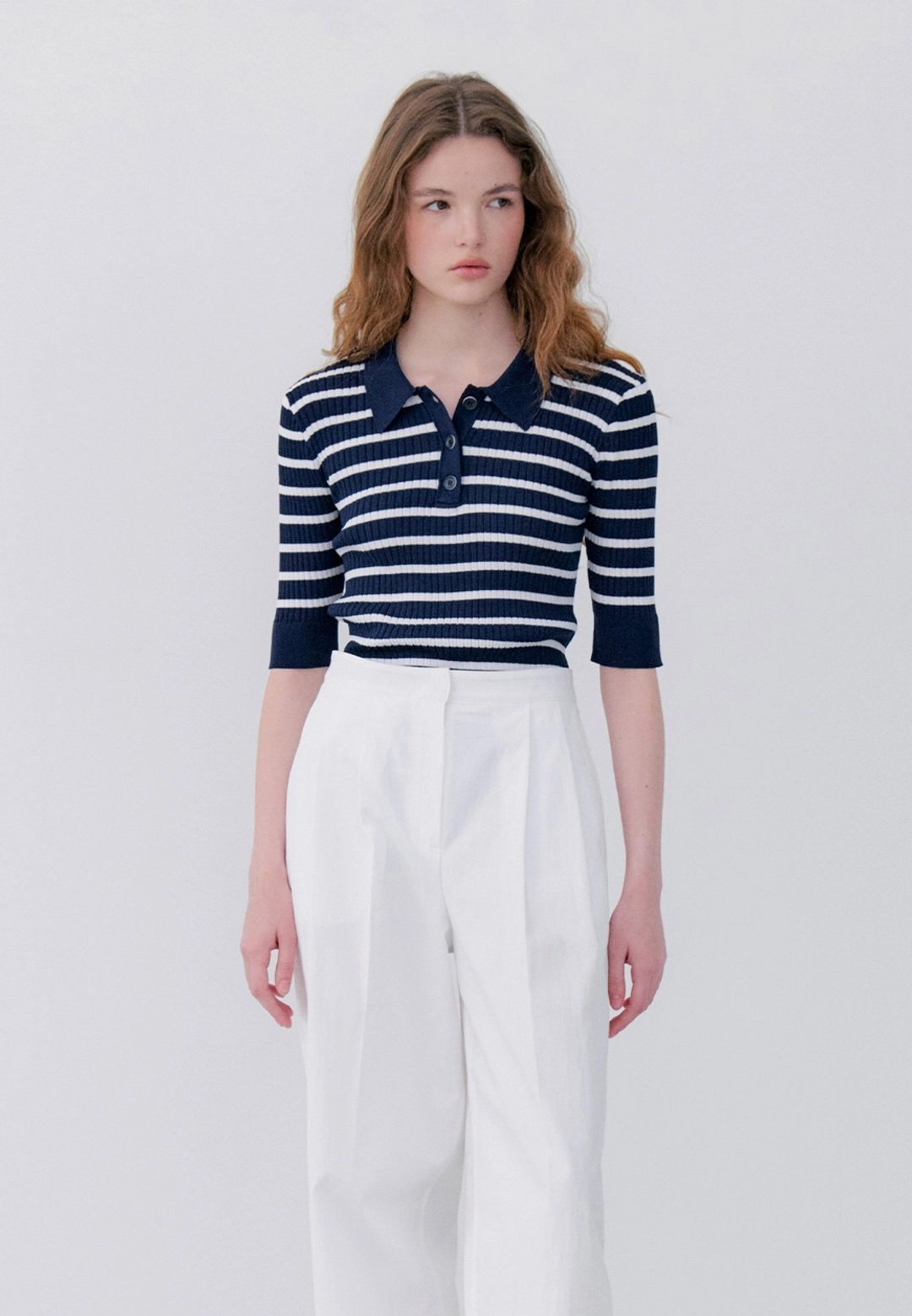 노티아 SLIM STRIPE COLLAR KNIT - NAVY STRIPE 상품 이미지 1