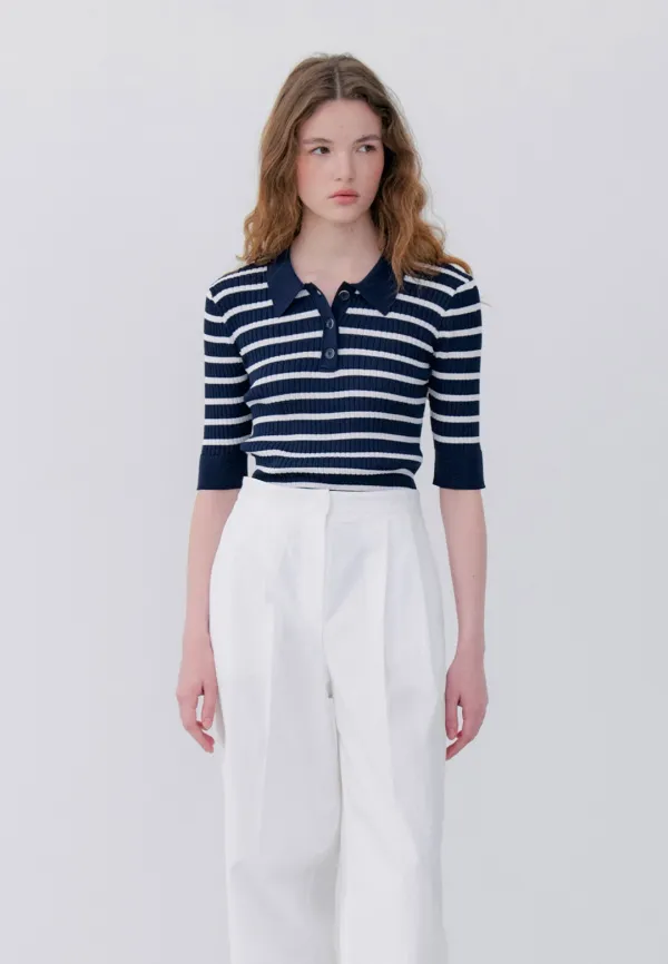 SLIM STRIPE COLLAR KNIT - NAVY STRIPE