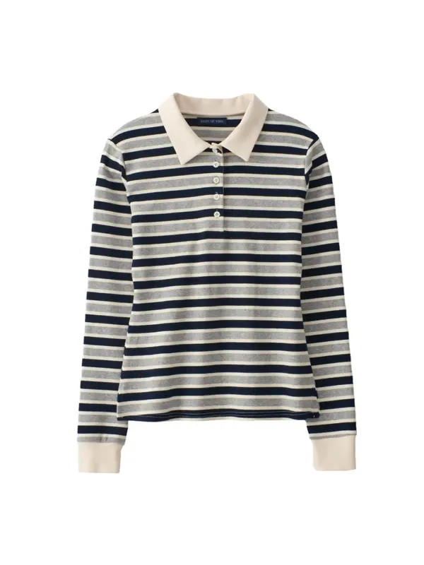 Striped Button Rugby Collar Shirt_ Gray