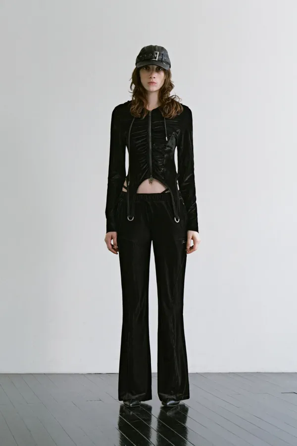 Garter-Hem Slim Hooded Set-up Zip up [ Black ]