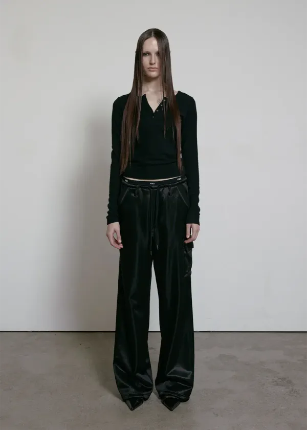 LOGO BAND WIDE PANTS, GLOSSY BLACK