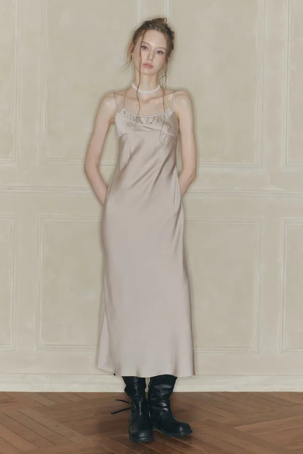SWAN SATIN LONG DRESS beige