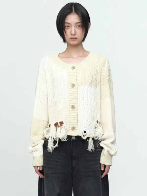 Fringe Cropped Loose Cardigan [Ecru]