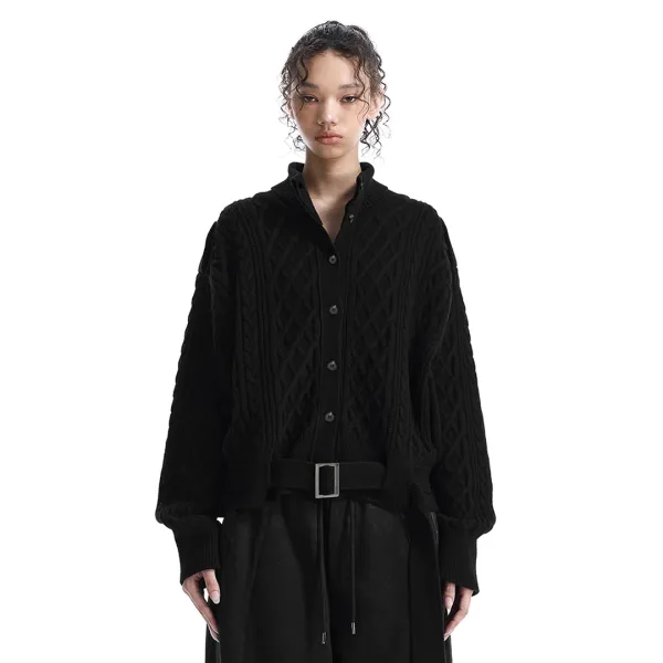 Belted Button Fisherman Knit Jacket [ Black ]