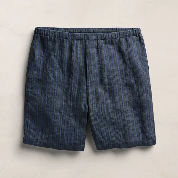 Washed Stripe Linen Relaxed Short - Blue Stripe