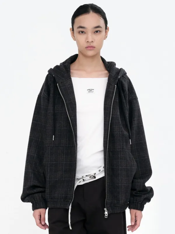 Over Fit Check Hoodie Jacket [Charcoal]