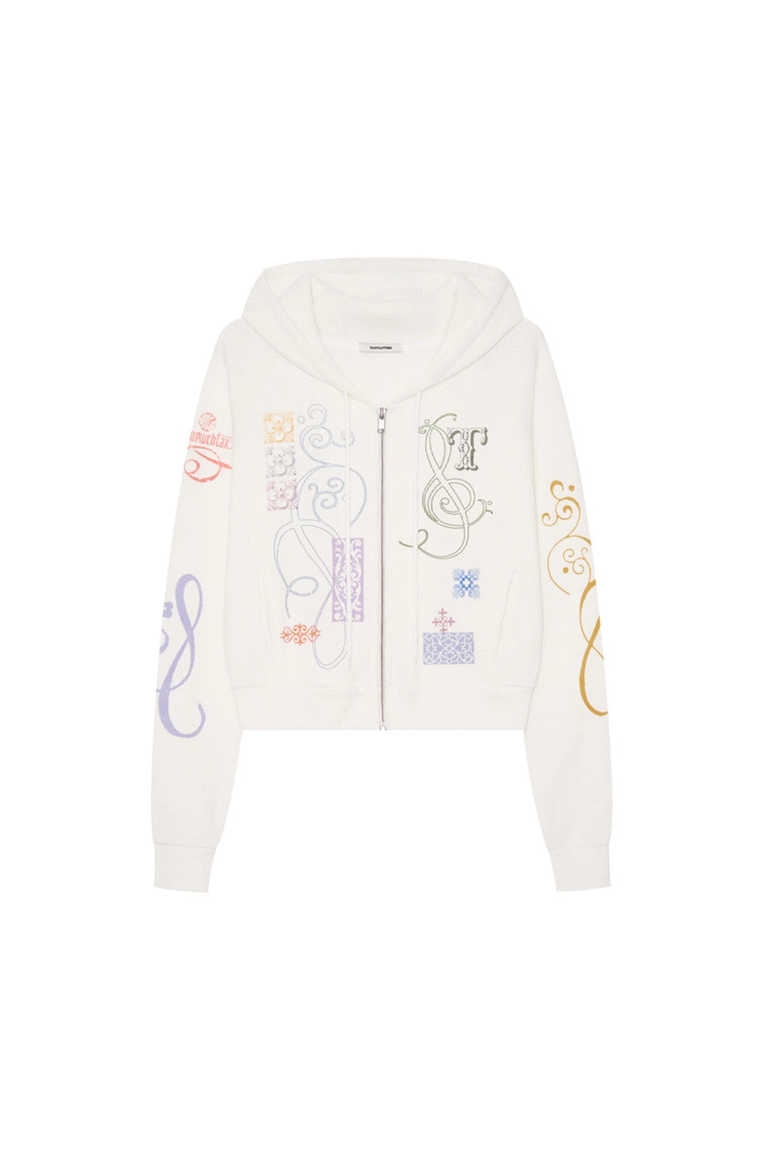 투머치택스 FOLK PATTERN CROP WAFFLE ZIP-UP HOODIE (WHITE) 상품 이미지 1
