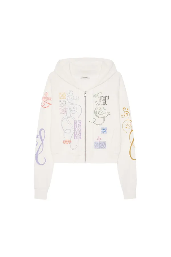 FOLK PATTERN CROP WAFFLE ZIP-UP HOODIE (WHITE)