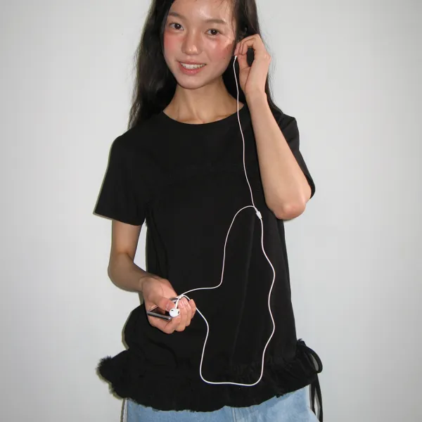 FRILL SHIRRING SHORT SLEEVE T SHIRT BLACK