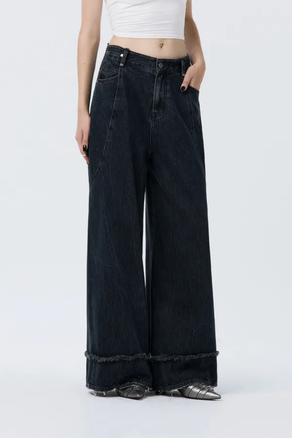 Turn-up Wide Denim Pants [ Navy ]
