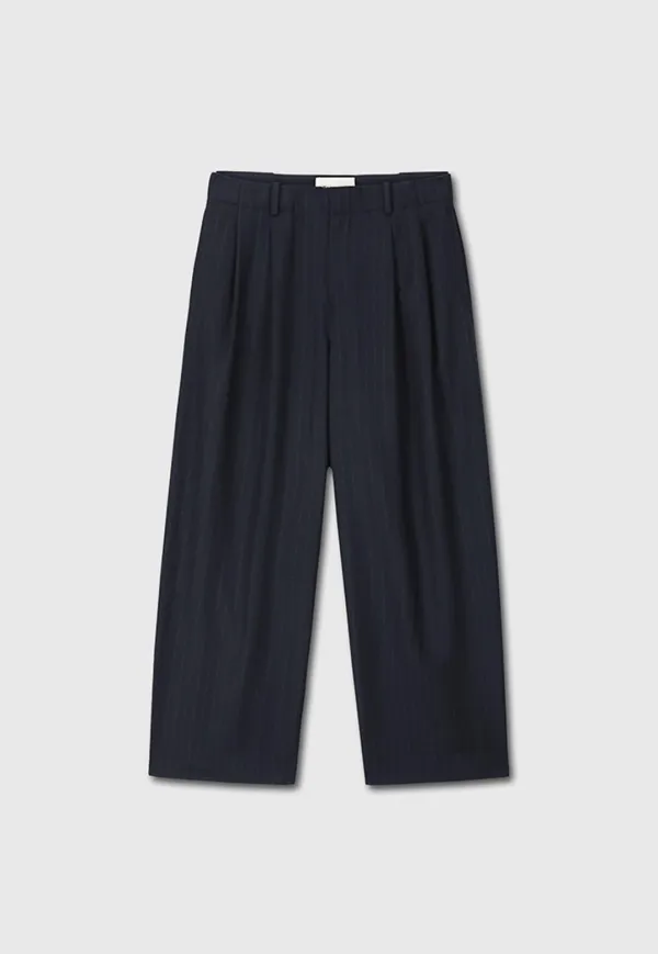 Virgin Wool Double-Pleats Wide Trousers_ Navy Pinstripe