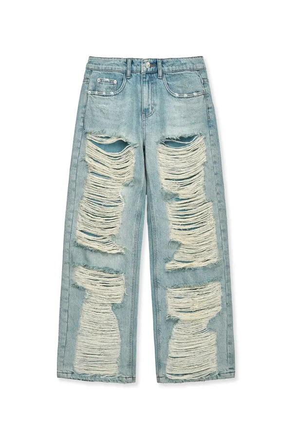 HEAVY DESTROYED DENIM PANTS IN LIGHT BLUE