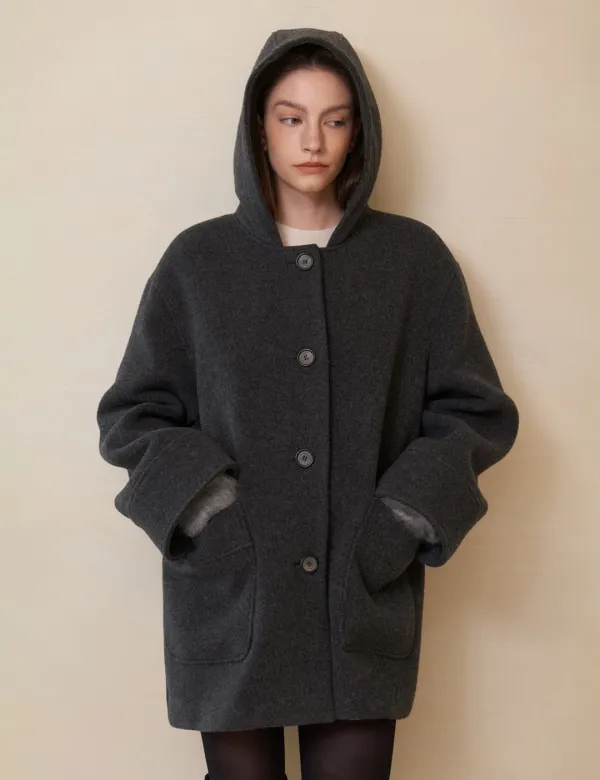 Joy Cashmere Blend Hooded Coat (Charcoal)