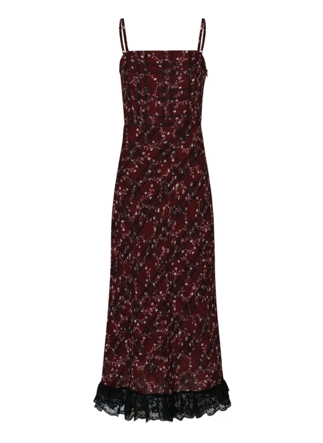루루서울 Check Flower Slim Long Dress (Burgundy) 상품 이미지 3