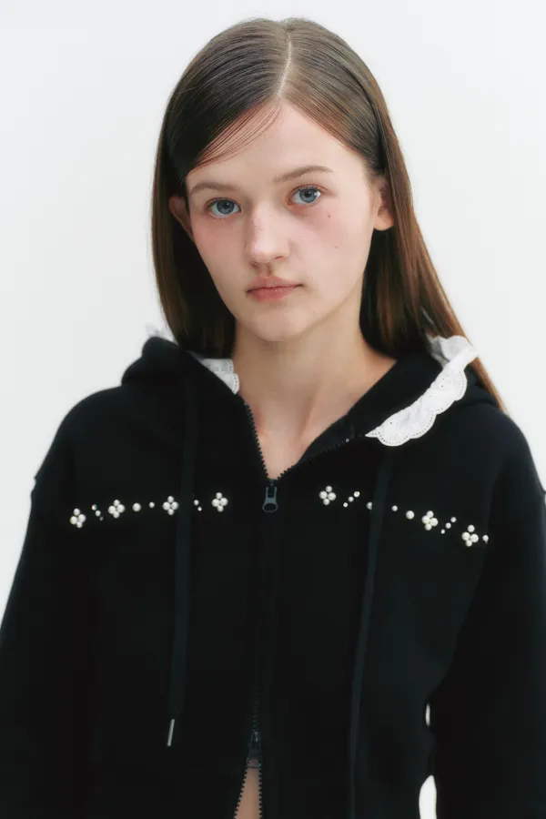 Pearl Lace Hoodie Zip-Up Black