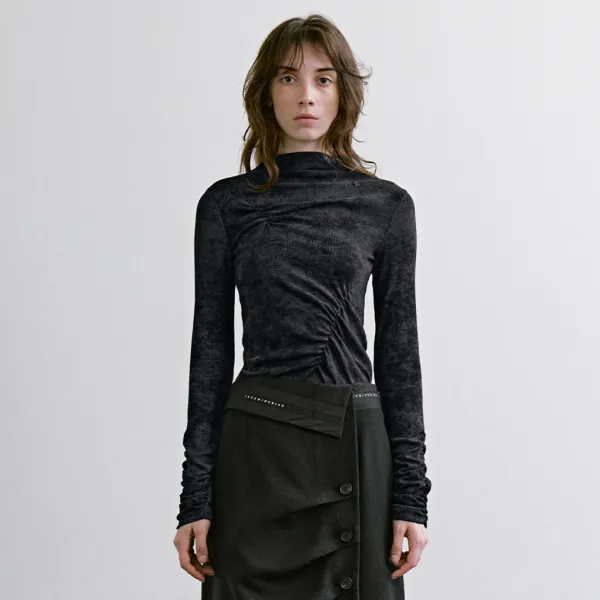 Blurry Print Mock Neck Top [ Black ]
