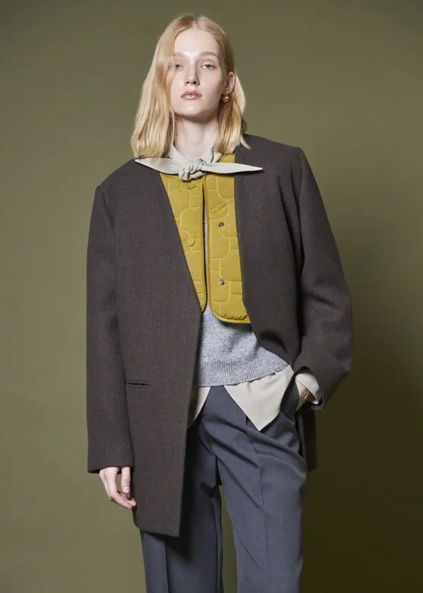 COLLARLESS SINGLE JACKET _DARK BROWN