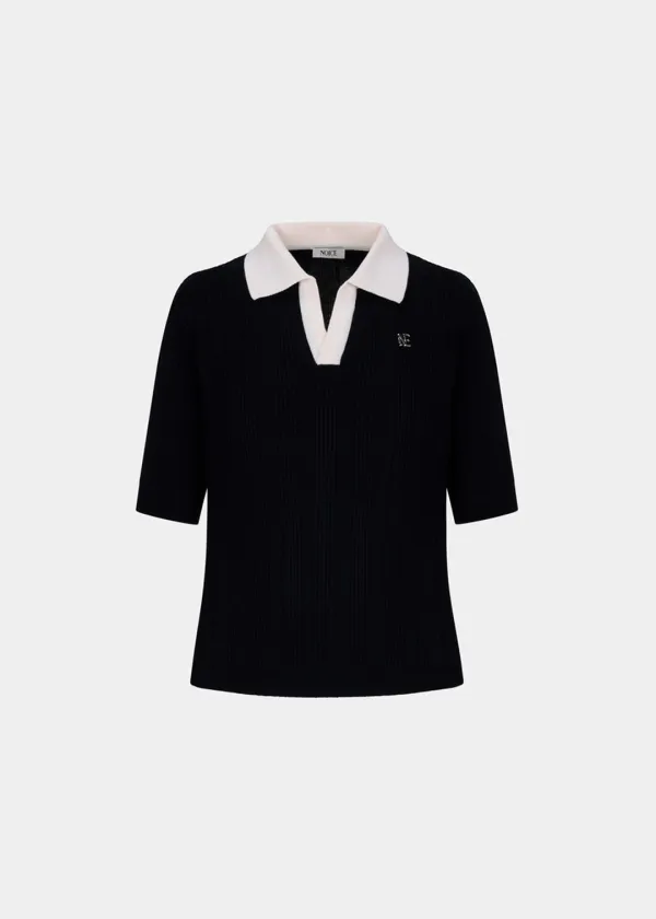 W RIBBED KNIT POLO SHIRT - BLACK