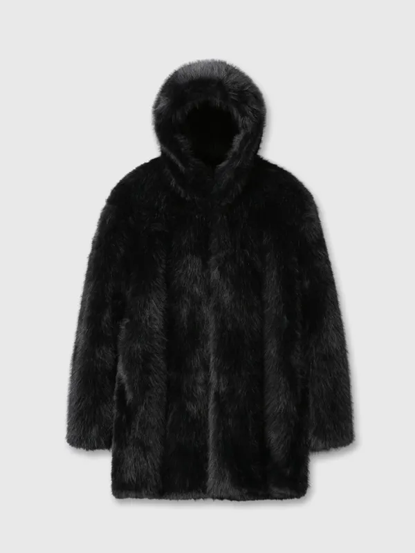 (W) FAUX FUR HOODED HALF COAT_ BLACK